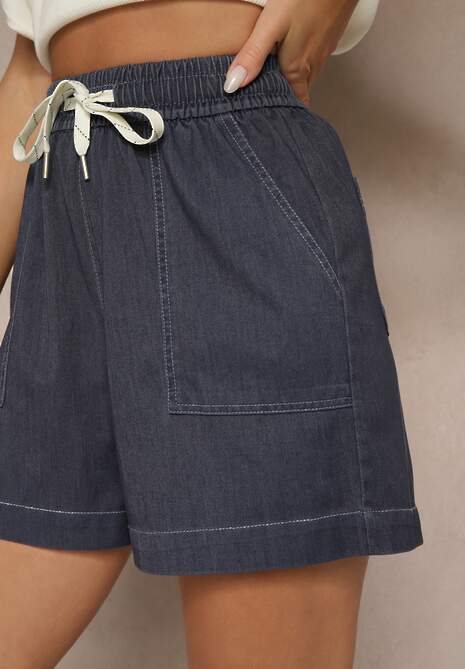 Granatowe Szorty High Waist z Wiskozą o Klasycznym Kroju z Kieszeniami i Wiązaniem Raletta 5