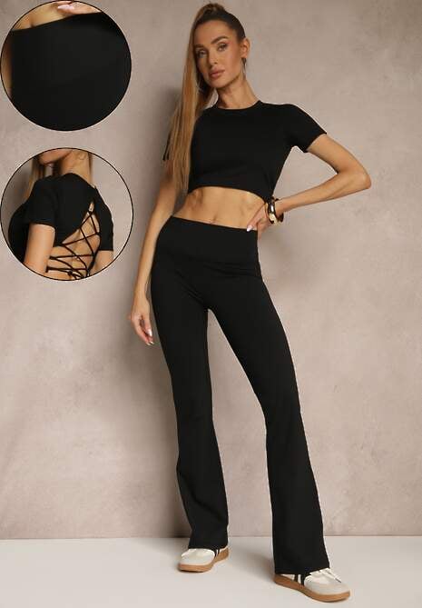 Czarny Komplet Sportowy Spodnie i Koszulka Ozdobiona Sznurowaniem Lumileine