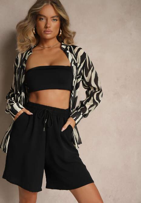 Czarne Szorty Dresowe z Bawełną High Waist Ozdobione Sznurkiem Talanisse