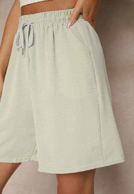 Jasnozielone Szorty Dresowe z Bawełną High Waist Ozdobione Sznurkiem Talanisse 5