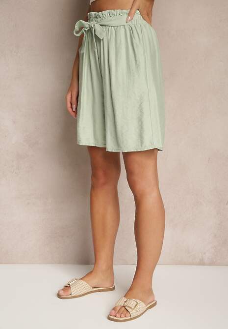 Zielone Szorty z Wiskozy High Waist Ozdobione Paskiem Lumilirae 4