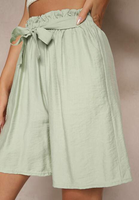 Zielone Szorty z Wiskozy High Waist Ozdobione Paskiem Lumilirae 5