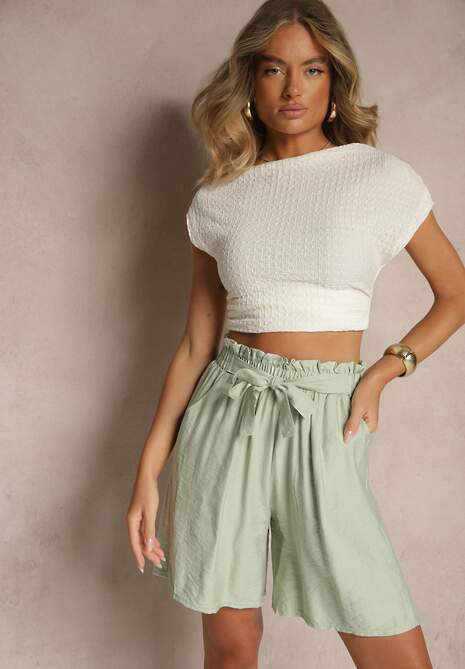 Zielone Szorty z Wiskozy High Waist Ozdobione Paskiem Lumilirae
