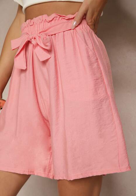 Różowe Szorty z Wiskozy High Waist Ozdobione Paskiem Lumilirae 5