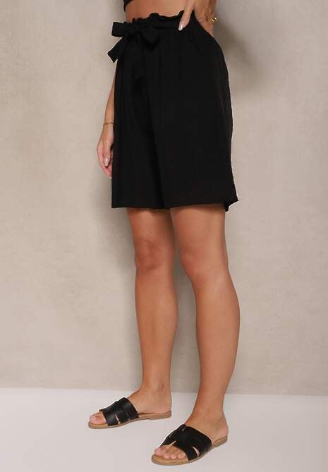 Czarne Szorty z Wiskozy High Waist Ozdobione Paskiem Lumilirae 4