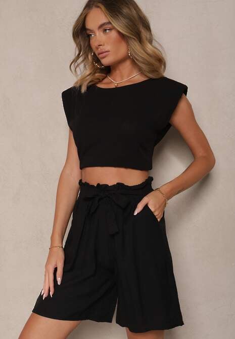 Czarne Szorty z Wiskozy High Waist Ozdobione Paskiem Lumilirae