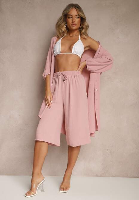 Różowe Spodnie Kuloty z Bawełną High Waist Azetia