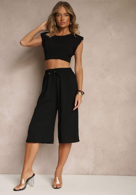 Czarne Spodnie Kuloty z Bawełną High Waist Azetia