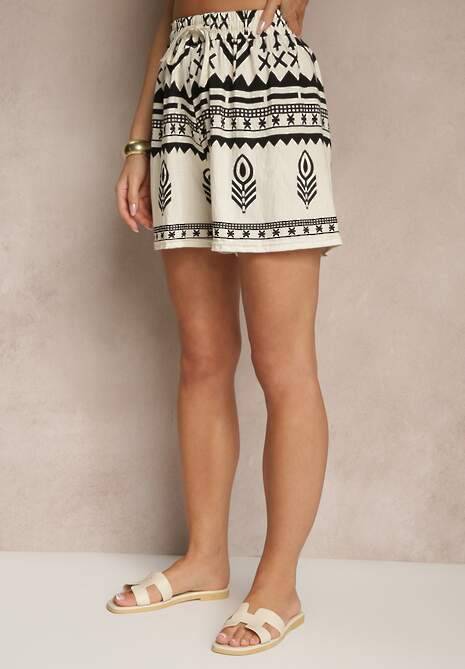 Czarno-Kremowe Wiskozowe Szorty High Waist ze Wzorem Boho Lunadora 4