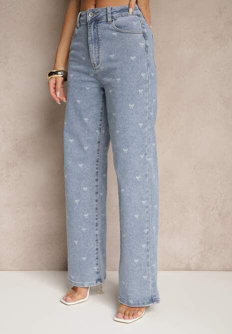 Niebieskie Jeansy High Waist z Szeroką Nogawką i Nadrukiem w Kokardki Folirela 4