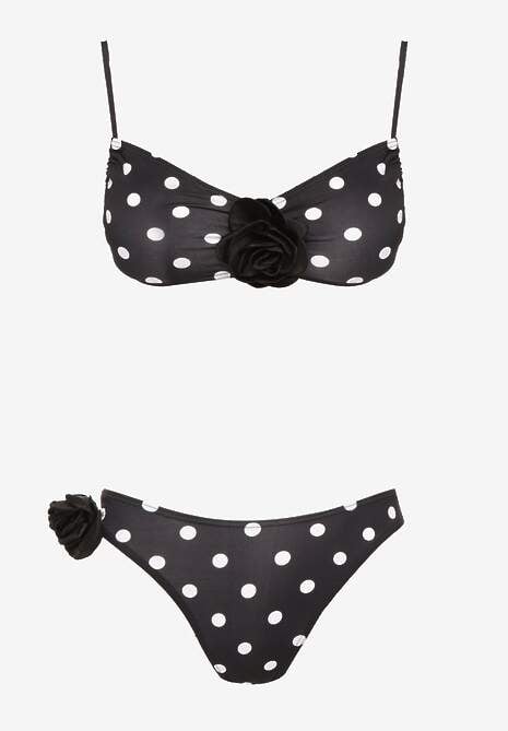 Czarne Bikini w Grochy z Kwiatowymi Aplikacjami Biustonosz i Figi Loritia 5