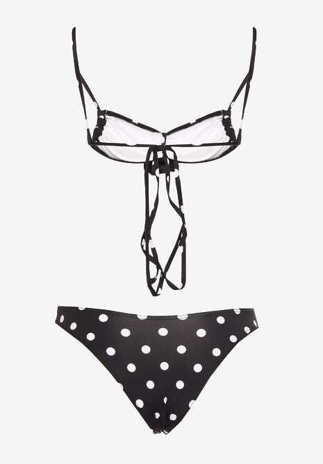 Czarne Bikini w Grochy z Kwiatowymi Aplikacjami Biustonosz i Figi Loritia 6