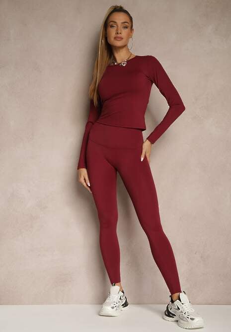 Bordowy Komplet Sportowy Legginsy i Top Typu Longsleeve Dorotia