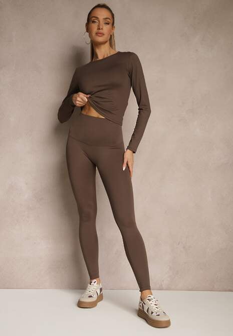 Brązowy Komplet Sportowy Legginsy i Top Typu Longsleeve Dorotia