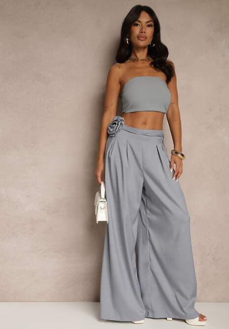 Niebieskie Spodnie o Szerokim Kroju High Waist z Kwiatem 3D Firalisse