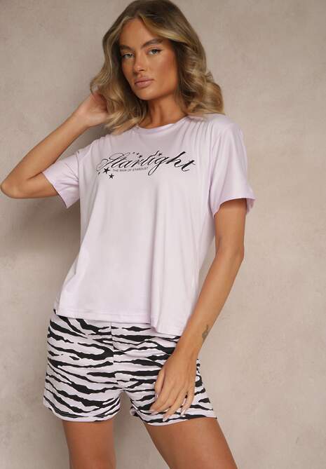 Fioletowy Komplet Piżamowy z Bawełny T-shirt i Szorty z Motywem Zebry Milaria