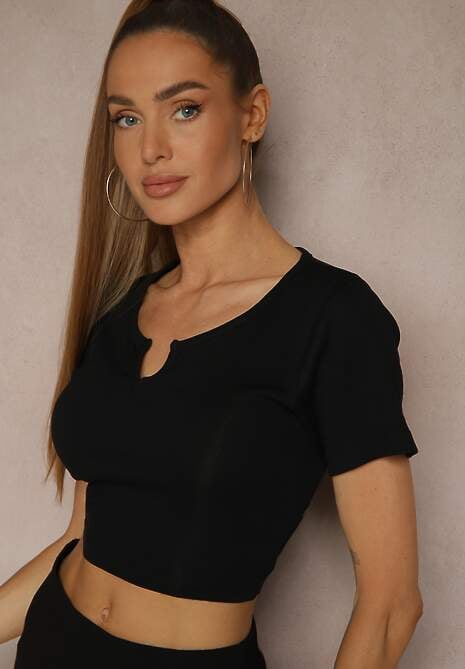 Czarny Prążkowany T-shirt z Bawełny Lirave 5