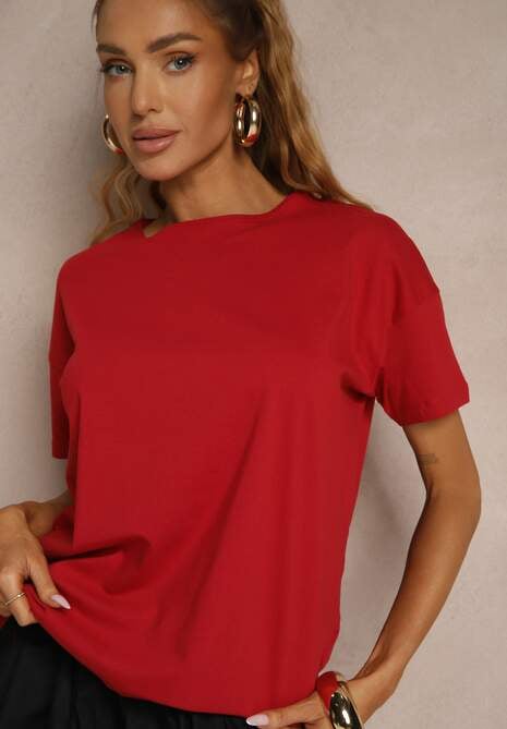 Bordowy Bawełniany T-shirt o Kroju Oversize Zilona