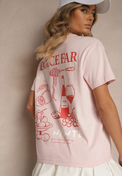 Jasnoróżowy T-shirt z Bawełny z Nadrukiem Adferia