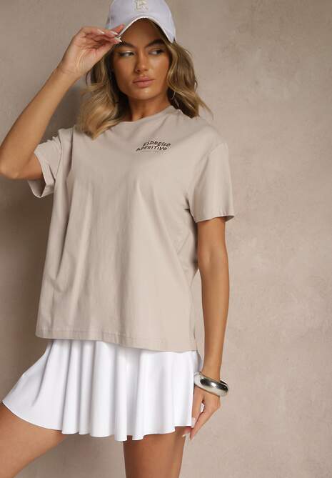 Beżowy T-shirt Oversize z Bawełny Ozdobiony Nadrukiem Filiora 4