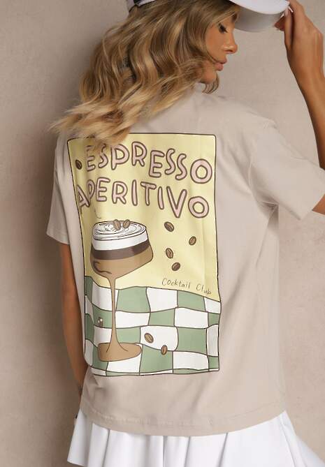 Beżowy T-shirt Oversize z Bawełny Ozdobiony Nadrukiem Filiora