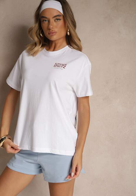 Biało-Niebieski T-shirt Oversize z Bawełny Ozdobiony Nadrukiem Filiora 4