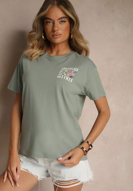Ciemnozielony T-shirt z Bawełny o Kroju Oversize Fillinea 5