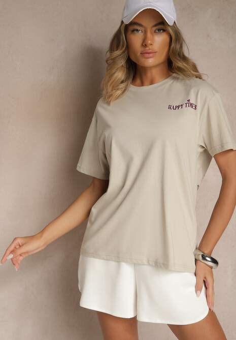 Jasnobeżowy T-shirt z Bawełny o Kroju Oversize Fillinea 4