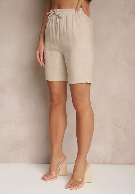 Jasnobeżowe Klasyczne Szorty High Waist z Lnem Genalira 4