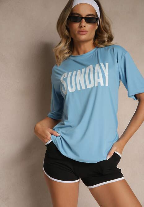 Niebiesko-Czarny Komplet T-shirt z Nadrukiem i Szorty w Sportowym Stylu Aravire