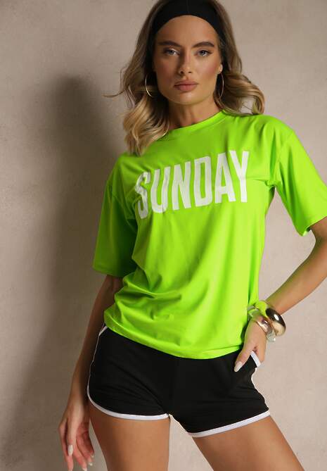 Zielono-Czarny Komplet T-shirt z Nadrukiem i Szorty w Sportowym Stylu Aravire