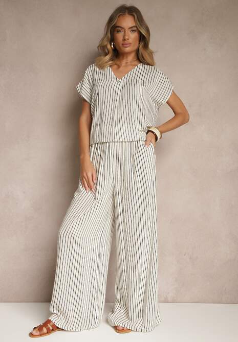 Biało-Niebieskie Szerokie Spodnie High Waist w Paski z Bawełny Silorea
