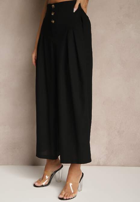 Czarne Spodnie Culottes High Waist z Bawełny Zdobione Guzikami Izuma 4