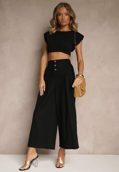 Czarne Spodnie Culottes High Waist z Bawełny Zdobione Guzikami Izuma
