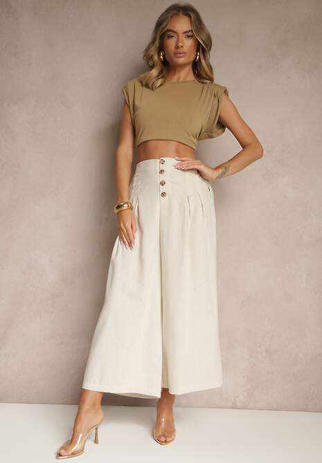 Beżowe Spodnie Culottes High Waist z Bawełny Zdobione Guzikami Izuma