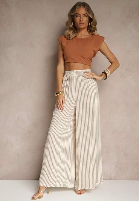 Beżowo-Brązowe Szerokie Spodnie High Waist w Paski z Bawełny Silorea