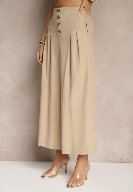Ciemnobeżowe Spodnie Culottes High Waist z Bawełny Zdobione Guzikami Izuma 4