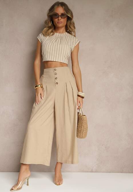 Ciemnobeżowe Spodnie Culottes High Waist z Bawełny Zdobione Guzikami Izuma