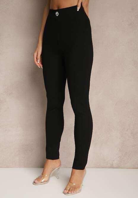 Czarne Legginsy High Waist z Wiskozą z Cyrkoniowym Guzikiem Naliselle 4