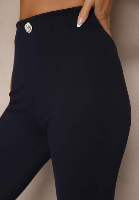 Granatowe Legginsy High Waist z Wiskozą z Cyrkoniowym Guzikiem Naliselle 5