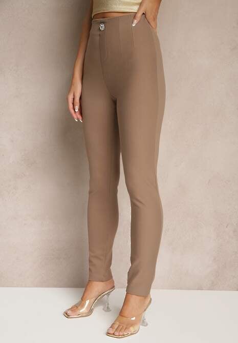 Ciemnobeżowe Legginsy High Waist z Wiskozą z Cyrkoniowym Guzikiem Naliselle 4