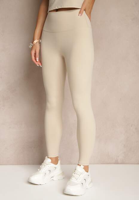 Beżowy Komplet Sportowy Legginsy i T-shirt o Dopasowanym Kroju Silanessa 4