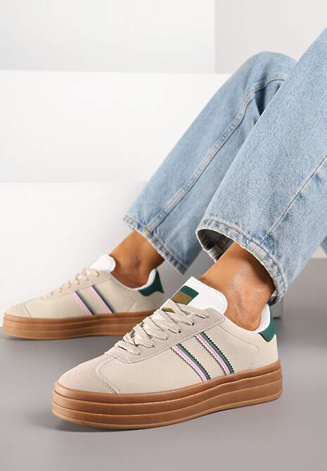 Beżowo-Zielone Klasyczne Sneakersy na Niewysokiej Platformie Terilee