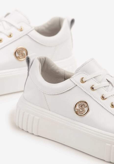 Białe Sneakersy na Platformie ze Skóry Naturalnej z Metaliczną Ozdobą Dolennea 6