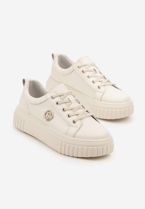 Beżowe Sneakersy na Platformie ze Skóry Naturalnej z Metaliczną Ozdobą Dolennea 5