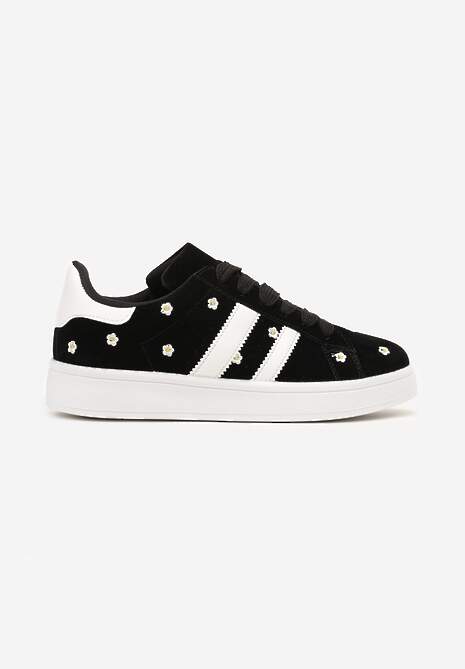 Czarne Sneakersy Ozdobione Haftowanymi Kwiatami i Paskami Malirelle 4