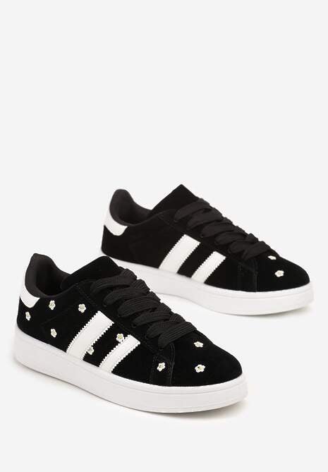 Czarne Sneakersy Ozdobione Haftowanymi Kwiatami i Paskami Malirelle 5