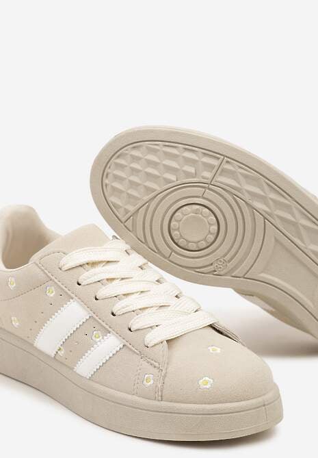 Beżowe Sneakersy Ozdobione Haftowanymi Kwiatami i Paskami Malirelle 6
