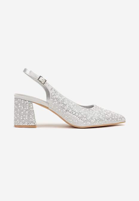 Srebrne Sandały na Słupku Slingback Ozdobione Cyrkoniami Melanetta 4