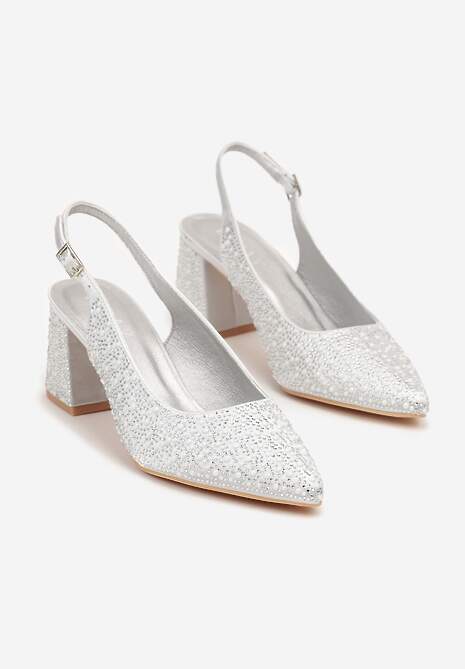 Srebrne Sandały na Słupku Slingback Ozdobione Cyrkoniami Melanetta 5